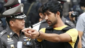 Yusufu Mieraili re-enacted events leading up to the bomb blast with police near the Erawan shrine on Wednesday 